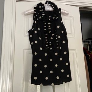 Ruffle collar, white polka dot on black, silk blouse. Size 0.